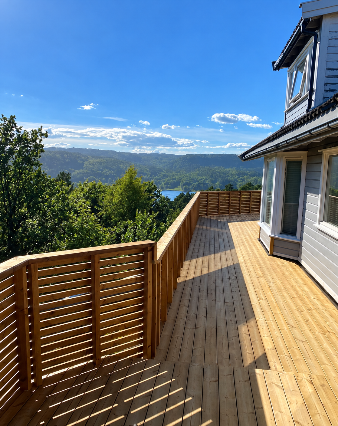 Bolig på Søm med brun trekledning og terrasse.